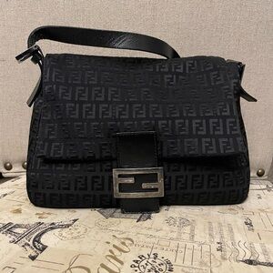 FENDI Zucchino Canvas Mamma Baguette Shoulder Bag Black